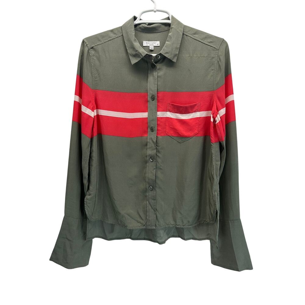 Equipment Femme Olive Green Colorblock Silk Blouse Small